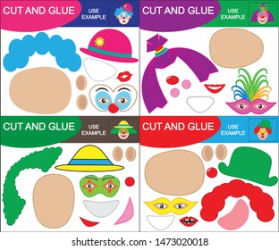 Set of paper games cut and glue, heads of clowns. Vector illustration.