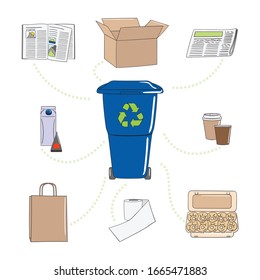 Set Of Paper Garbage With Plastic Can. Box, Newspaper, Magazine, Paper, Milk And Egg Packaging. Waste Management. Sorting Garbage. Utilization Concept. Hand Drawn Vector Illustration.