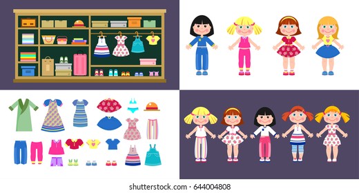 Set of paper girls dolls in different clothes. A set of clothes and shoes. Closet with clothes and accessories.