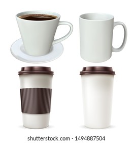 Set of paper and glass cups of coffee. Realistic vector illustration.