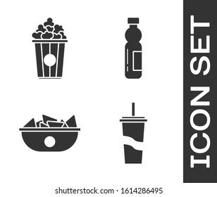 Set Paper glass with drinking straw and water, Popcorn in cardboard box, Nachos in plate and Bottle of water icon. Vector