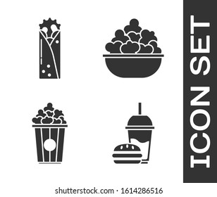 Set Paper glass with drinking straw and burger, Doner kebab, Popcorn in cardboard box and Popcorn in bowl icon. Vector