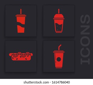 Set Paper glass with drinking straw and water, Paper glass with drinking straw and water, Glass of lemonade with drinking straw and Hotdog sandwich with mustard icon. Vector