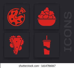 Set Paper glass with drinking straw and water, Pizza, Popcorn in bowl and Sandwich icon. Vector