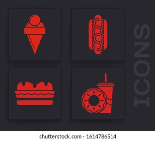 Set Paper glass with drinking straw and donut, Ice cream in waffle cone, Hotdog sandwich with mustard and Sandwich icon. Vector