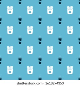 Set Paper glass with drinking straw and water and Potatoes french fries in carton package box on seamless pattern. Vector