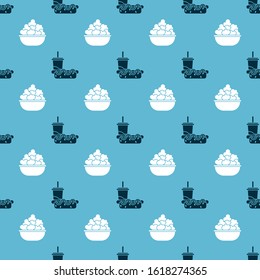 Set Paper glass with drinking straw and hotdog and Popcorn in bowl on seamless pattern. Vector