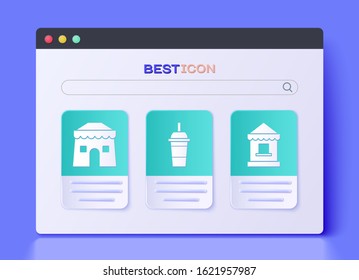 Set Paper glass with drinking straw and water, Circus tent and Ticket box office icon. Vector