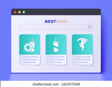 Set Paper glass with drinking straw and water, Paper glass with drinking straw and donut and Slice of pizza icon. Vector