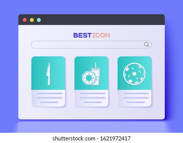 Set Paper glass with drinking straw and donut, Knife and Pizza icon. Vector