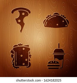 Set Paper glass with drinking straw and burger, Slice of pizza, Sandwich and Taco with tortilla on wooden background. Vector