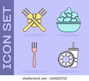 Set Paper glass with drinking straw and donut, Crossed fork, Fork and Popcorn in bowl icon. Vector