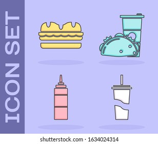 Set Paper glass with drinking straw and water, Sandwich, Sauce bottle and Paper glass and taco with tortilla icon. Vector