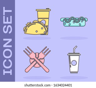 Set Paper glass with drinking straw and water, Paper glass and taco with tortilla, Crossed fork and Hotdog sandwich with mustard icon. Vector