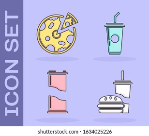 Set Paper glass with drinking straw and burger, Pizza, Soda can and Paper glass with drinking straw and water icon. Vector