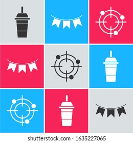 Set Paper glass with drinking straw and water, Carnival garland with flags and Target sport for shooting competition icon. Vector