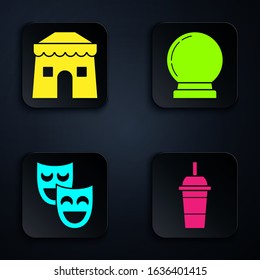 Set Paper glass with drinking straw and water, Circus tent, Comedy theatrical masks and Magic ball. Black square button. Vector