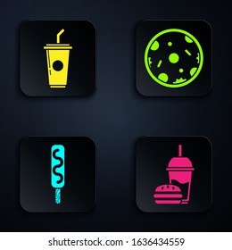 Set Paper glass with drinking straw and burger, Paper glass with drinking straw and water, Ice cream and Pizza. Black square button. Vector