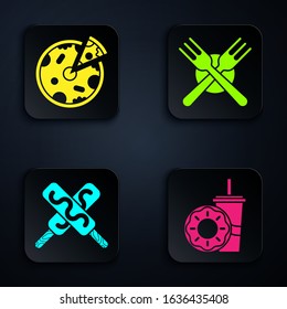 Set Paper glass with drinking straw and donut, Pizza, Ice cream and Crossed fork. Black square button. Vector