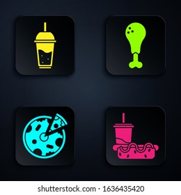 Set Paper glass with drinking straw and hotdog, Glass of lemonade with drinking straw, Pizza and Chicken leg. Black square button. Vector