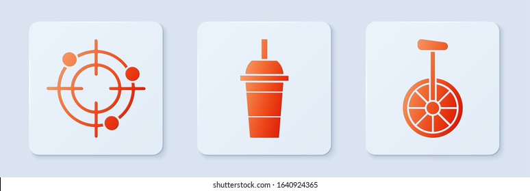 Set Paper glass with drinking straw and water, Target sport for shooting competition and Unicycle or one wheel bicycle. White square button. Vector