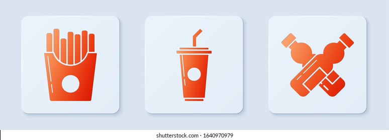 Set Paper glass with drinking straw and water, Potatoes french fries in carton package box and Crossed bottle of water. White square button. Vector