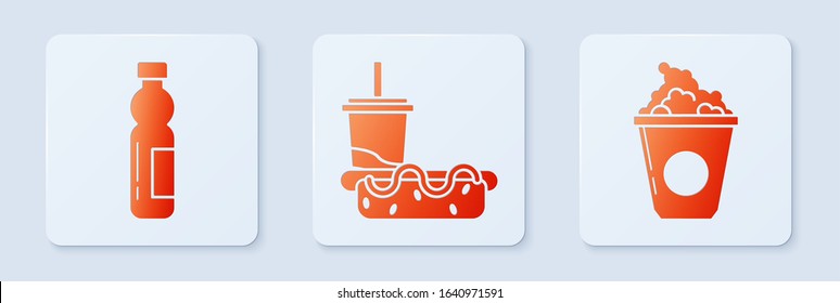 Set Paper glass with drinking straw and hotdog, Bottle of water and Popcorn in cardboard box. White square button. Vector