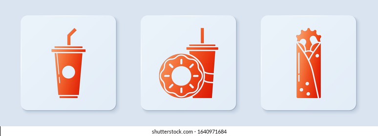 Set Paper glass with drinking straw and donut, Paper glass with drinking straw and water and Doner kebab. White square button. Vector