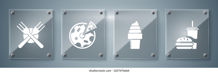 Set Paper glass with drinking straw and burger, Ice cream in waffle cone, Pizza and Crossed fork. Square glass panels. Vector