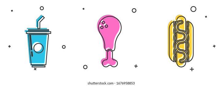 Set Paper glass with drinking straw and water, Chicken leg and Hotdog sandwich with mustard icon. Vector