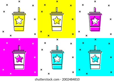 Set Paper glass with drinking straw and water icon isolated on color background. Soda drink glass. Fresh cold beverage symbol.  Vector