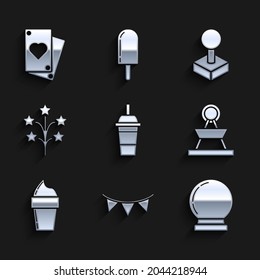 Set Paper glass with drinking straw and water, Carnival garland flags, Magic ball, Attraction carousel, Ice cream waffle cone, Fireworks, Joystick for arcade machine and Playing card icon. Vector