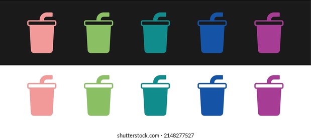 Set Paper glass with drinking straw and water icon isolated on black and white background. Soda drink glass. Fresh cold beverage symbol.  Vector