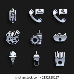 Set Paper glass with drinking straw and donut, Potatoes french fries carton package box, Nachos plate, Ice cream waffle cone, Pizza, Food ordering pizza and Hotdog sandwich mustard icon. Vector