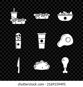 Set Paper glass with drinking straw and hotdog, Hotdog sandwich mustard, Nachos plate, Knife, Taco tortilla, Chicken leg, Doner kebab and water icon. Vector