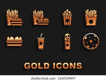 Set Paper glass with drinking straw and water, Potatoes french fries carton package box, Pizza, Doner kebab, Sandwich, Popcorn cardboard, Burger and  icon. Vector