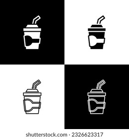 Set Paper glass with drinking straw and water icon isolated on black and white background. Soda drink glass. Fresh cold beverage symbol.  Vector