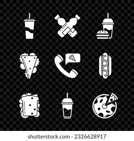 Set Papier Glas mit Trinkstrohhalm und Wasser, Crossed Flasche von, Burger, Sandwich, Glas Limonade, Pizza und Lebensmittel bestellen Pizza Symbol. Vektorgrafik