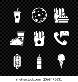 Set Paper glass with drinking straw and water, Pizza, Burger french fries carton package box, Hotdog sandwich mustard, Sauce bottle, Ice cream waffle cone, taco tortilla and Potatoes icon. Vector