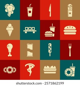 Set Paper glass with drinking straw and donut, Fork, Burger, Knife, Sushi cutting board, Ice cream waffle cone, Sandwich and burger icon. Vector