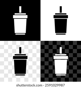 Set Paper glass with drinking straw and water icon isolated on black and white, transparent background. Soda drink glass. Fresh cold beverage symbol.  Vector
