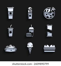 Set Paper glass with drinking straw and burger, Ice cream waffle cone, Sandwich, Soda can, Taco tortilla, water, Pizza and  icon. Vector