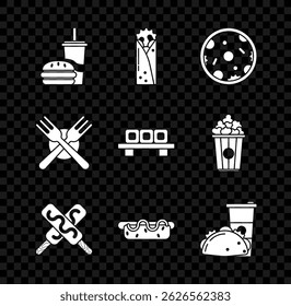 Set Paper glass with drinking straw and burger, Doner kebab, Pizza, Ice cream, Hotdog sandwich mustard, taco tortilla, Crossed fork and Sushi cutting board icon. Vector