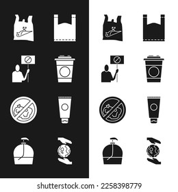 Set Paper glass, Nature saving protest, Dead bird, plastic, Plastic bag, No trash, Cream cosmetic tube, Hands holding Earth globe and Bottle of liquid soap icon. Vector