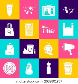 Set Papier Glas, Spread das Wort, Megaphon, Plastikbeutel, Stopp Plastik Verschmutzung, Shopping mit Recycling, Creme Kosmetik-Tube und Ökologie Infografik-Symbol. Vektorgrafik