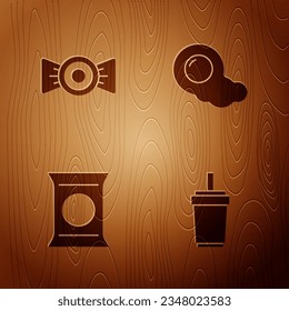 Set Paper glass with straw, Candy, Bag or packet potato chips and Scrambled eggs on wooden background. Vector