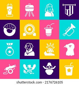 Set Paper Glas mit Stroh, Adler Kopf, Trumpet, Benjamin Franklin, Medal Star, Donut, Stage Stand oder Tribune und Bier Pong-Spiel Symbol. Vektorgrafik