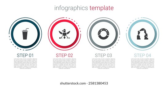 Set Paper glass with straw, Eagle, Donut and Grand canyon. Business infographic template. Vector