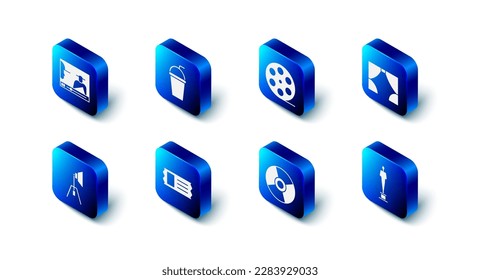 Set Paper glass with straw, Film reel, Curtain, Movie trophy, CD or DVD disk, Cinema ticket, spotlight and Online play video icon. Vector