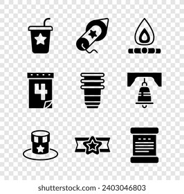 Set Paper glass with straw, Firework, Campfire, Patriotic American top hat, Star military, Declaration of independence, Calendar date July 4 and  icon. Vector